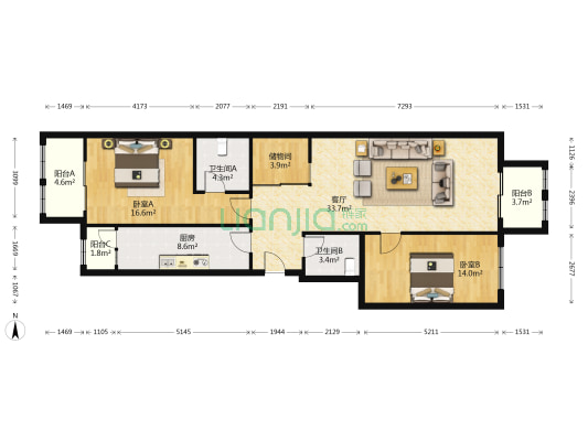 紫金印象 2室1厅2卫 130平方