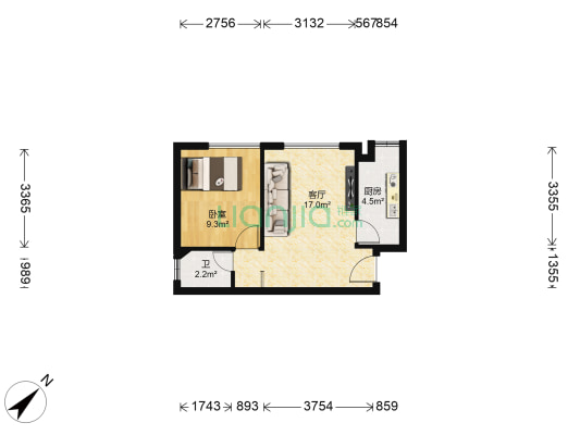 鹏润蓝海A区，一室一厅拎包入住，高层，东南朝向-户型图