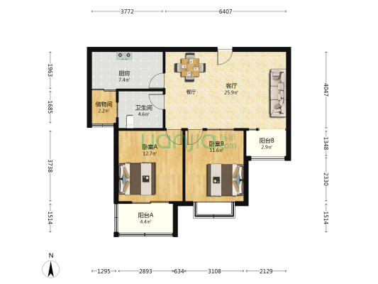 河畔花城 2室1厅1卫 102平方