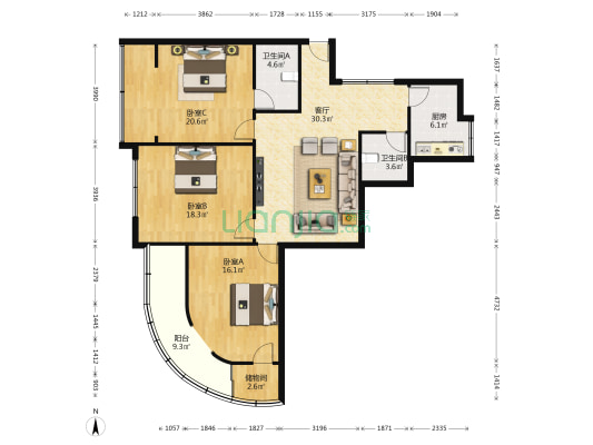 临桂路 3室1厅2卫 129平方