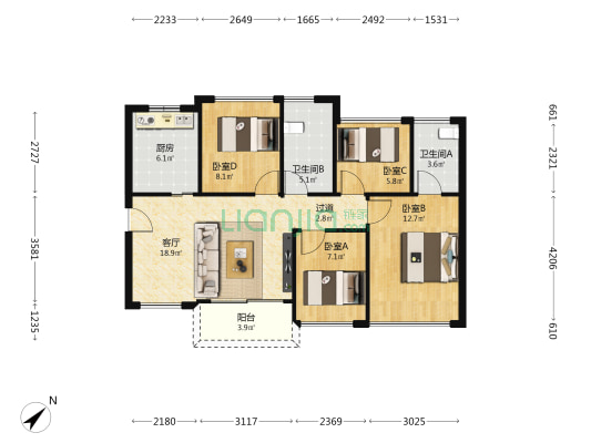 宏发万悦山一期 4室1厅2卫 88平方