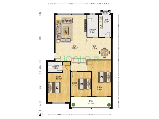 台板小区 3室2厅2卫 144平方