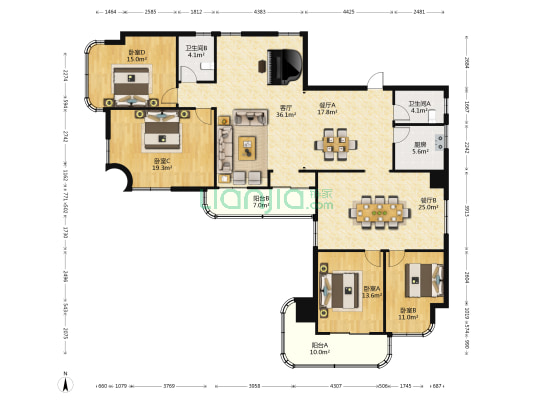 怡田小区 4室3厅2卫 171平方