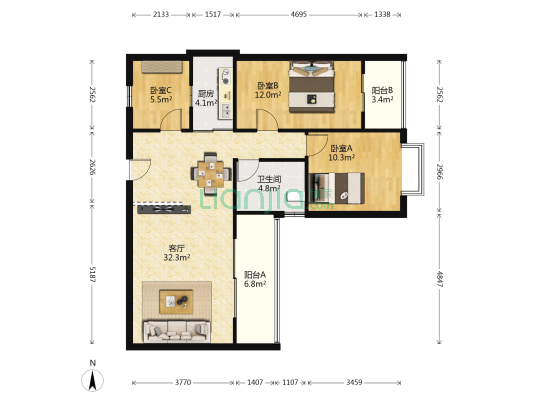 煜丰泽花园广场 3室1厅1卫 90平方