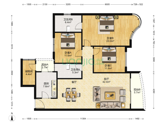 丽阳天下E区 3室1厅2卫 142平方