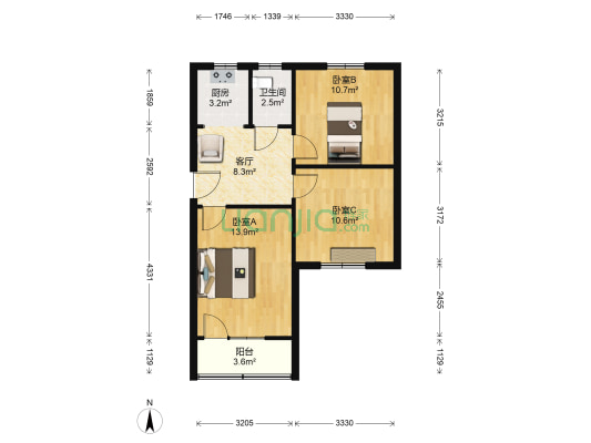 锁金村1号 3室1厅1卫 67平方