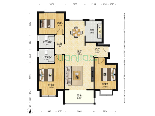 鴻昇燕园 3室1厅2卫 131平方