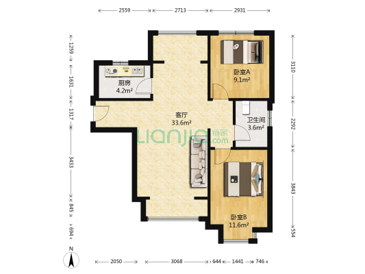 潮白河孔雀城鸿祥苑 2室1厅1卫 87平方