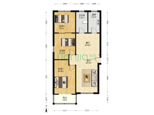 省地震局宿舍 3室2厅1卫 96平方