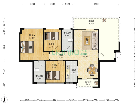 晨华御海 3室1厅2卫 107平方