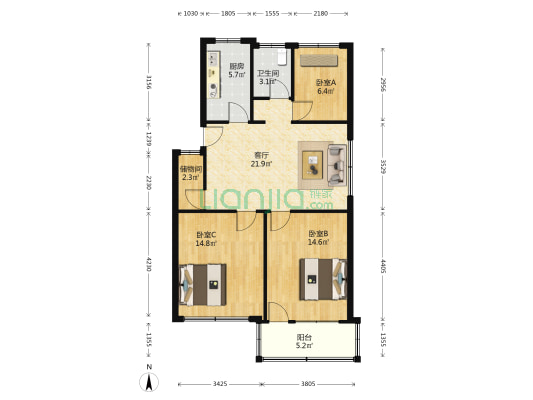 戴家桥社区 3室1厅1卫 87平方