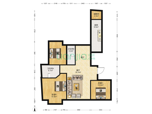 国际公园长岛区 3室1厅2卫 135平方