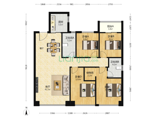 高新云熙港二期 4室1厅2卫 136平方