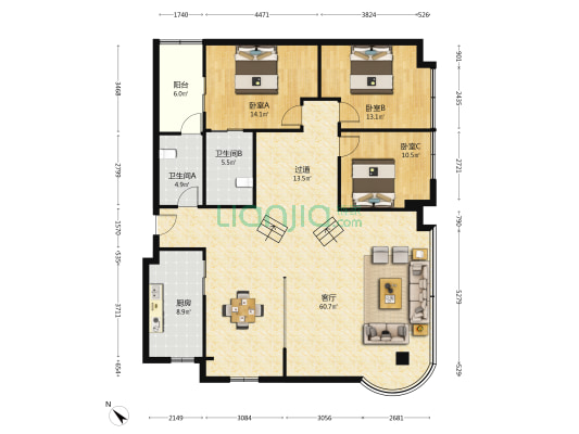 蓝剑广场小区 3室1厅2卫 169平方