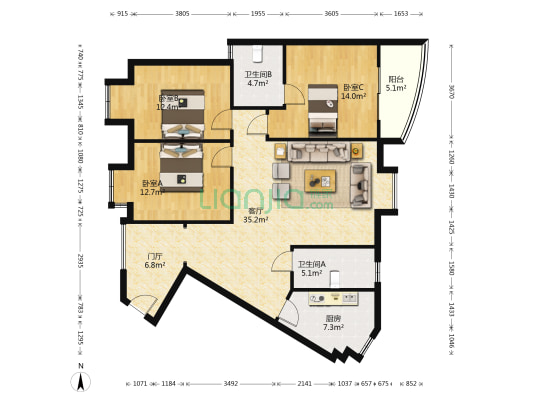 东方阁 3室1厅2卫 127平方