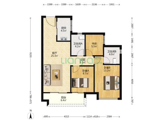 美的云悦江山西园 3室1厅2卫 94平方