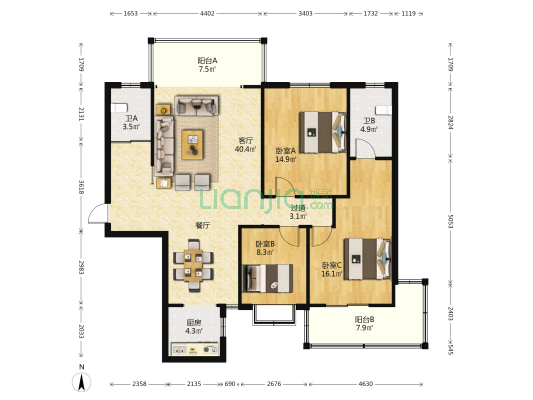 澜庭国际 3室1厅2卫 138平方