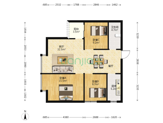 长水航城水槐苑 3室1厅1卫 95平方