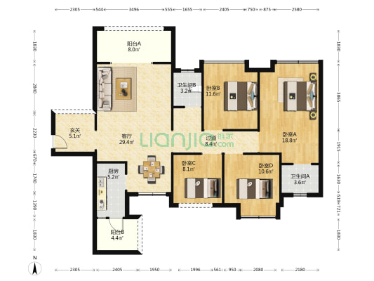 菩提苑 4室1厅2卫 136平方