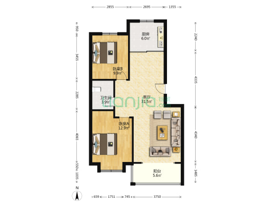 纳福小城 2室1厅1卫 88平方