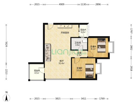 天欣花园三期 2室1厅1卫 80平方