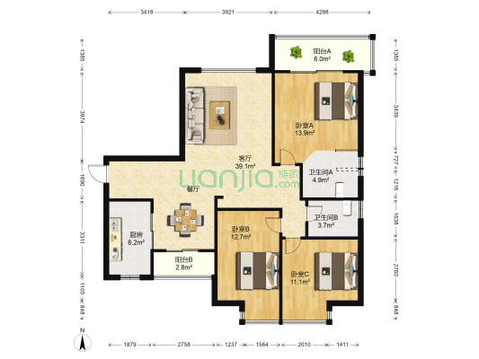金地中心城 3室1厅2卫 132平方
