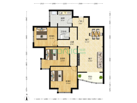 政法小区 3室2厅1卫 124平方