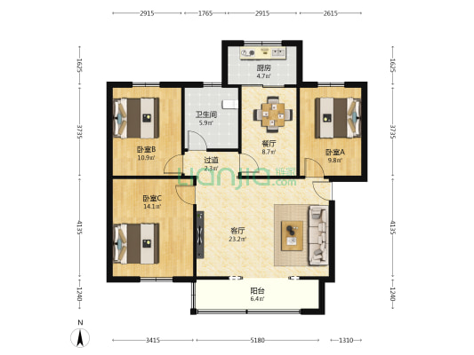 雁塔区长安南路军干所社区 3室2厅1卫 100平方