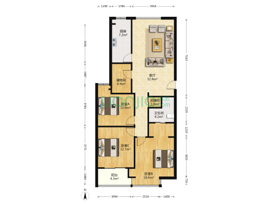 复兴大厦 3室1厅1卫 135平方