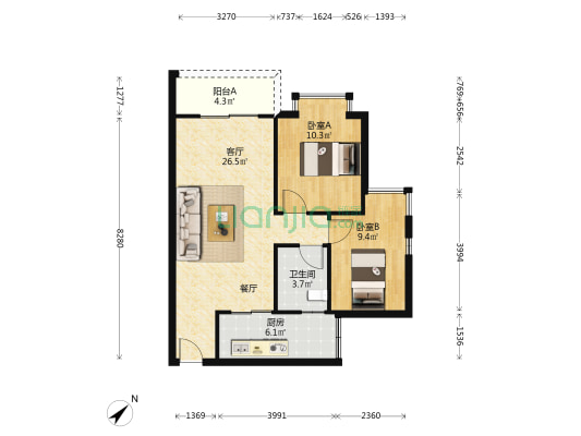 东骏朗晴轩 2室1厅1卫 73平方