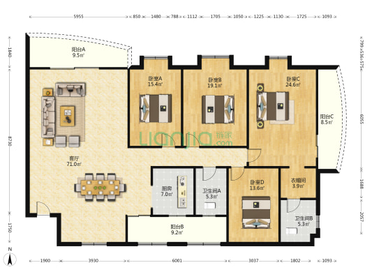 时代广场 4室1厅2卫 224平方