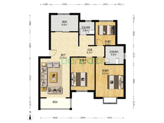 通联路18号 3室1厅2卫 128平方
