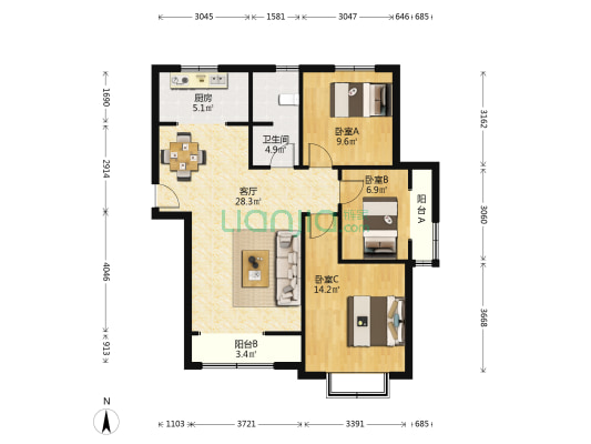 友谊华府 3室1厅1卫 107平方