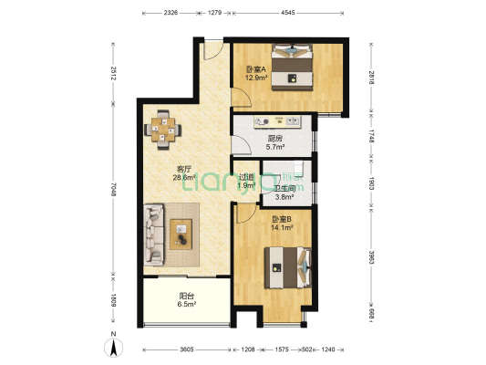 升龙国际中心A区 2室1厅1卫 92平方