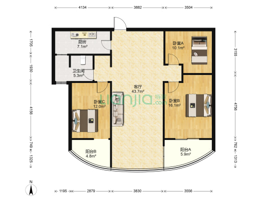 时代中央花园 3室1厅1卫 125平方