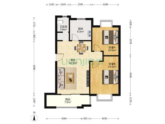 美兰湖中华园 2室1厅1卫 87平方
