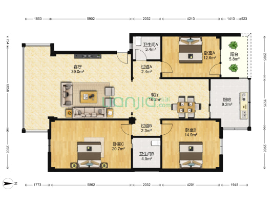 中福花园 3室2厅2卫 132平方