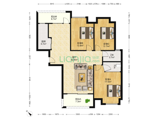 御景东方花园 3室1厅2卫 135平方