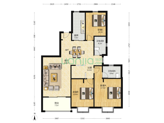 恒大山水城花溪水岸 3室1厅2卫 144平方