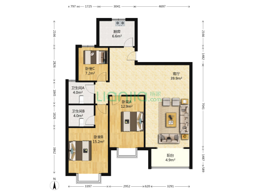 金如意花园南区 3室1厅2卫 129平方
