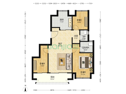 吾悦华府南区 3室1厅2卫 86平方