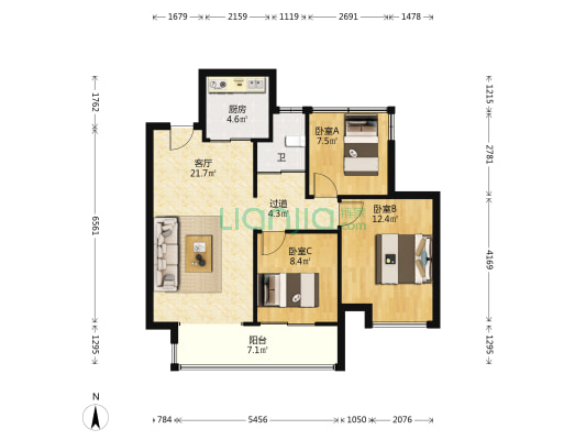 龙湖龙誉城东区 3室1厅1卫 93平方