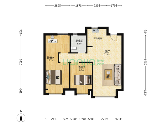 中国铁建·花语尚东 2室1厅1卫 89平方