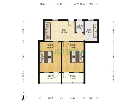 龙牙亭7号 2室1厅1卫 63平方