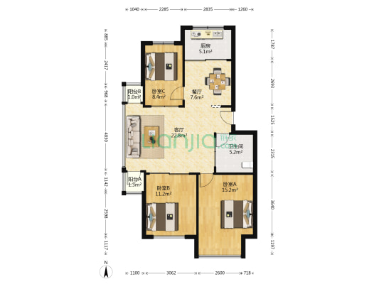 芙蓉苑小区 3室2厅1卫 94平方