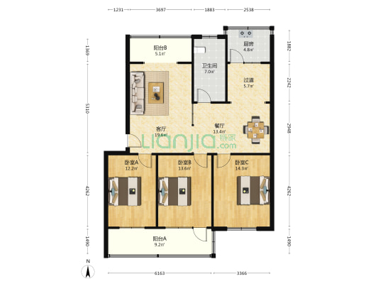 花园路29号 3室2厅1卫 113平方