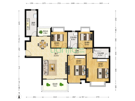 恒大珑庭 4室1厅2卫 139平方