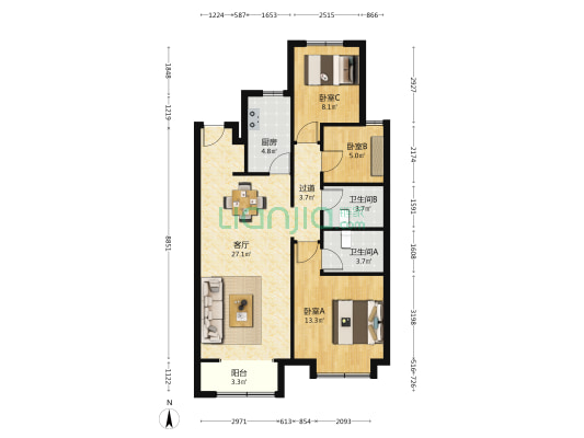 温泉新都孔雀城二期 3室1厅2卫 105平方