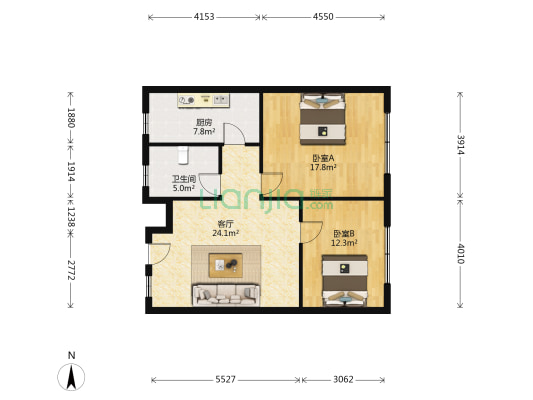 香榭里舍小区 2室1厅1卫 91平方