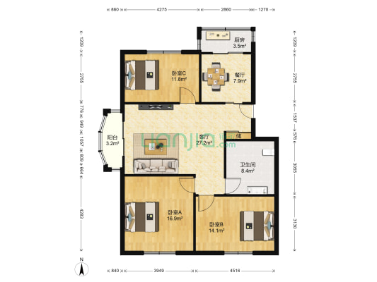 永利花园 3室2厅1卫 103平方
